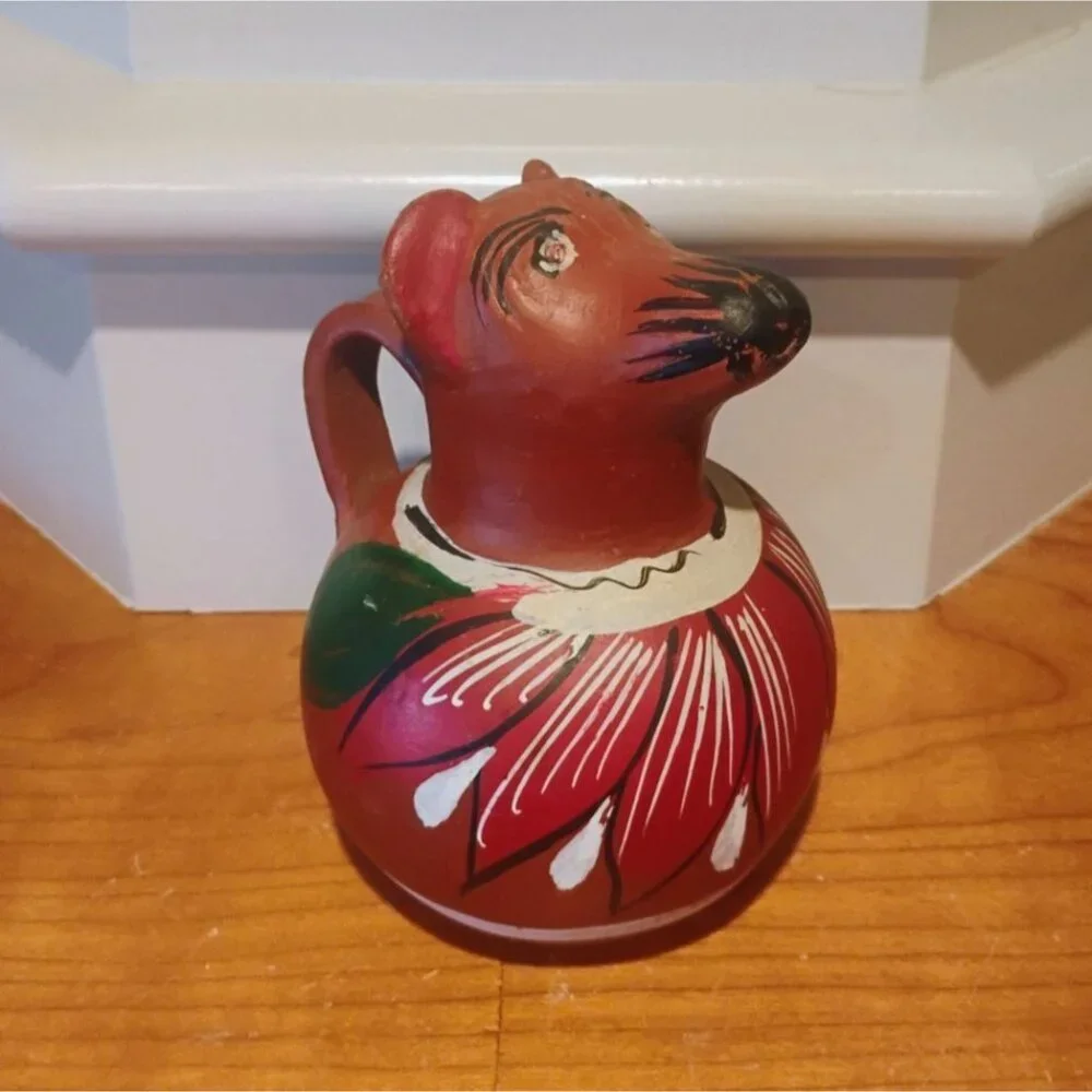 Vintage Mexican Terracotta Folk Art Dog Pitcher Hand Painted Redware Clay 5 1/2" - Picture 4 of 8